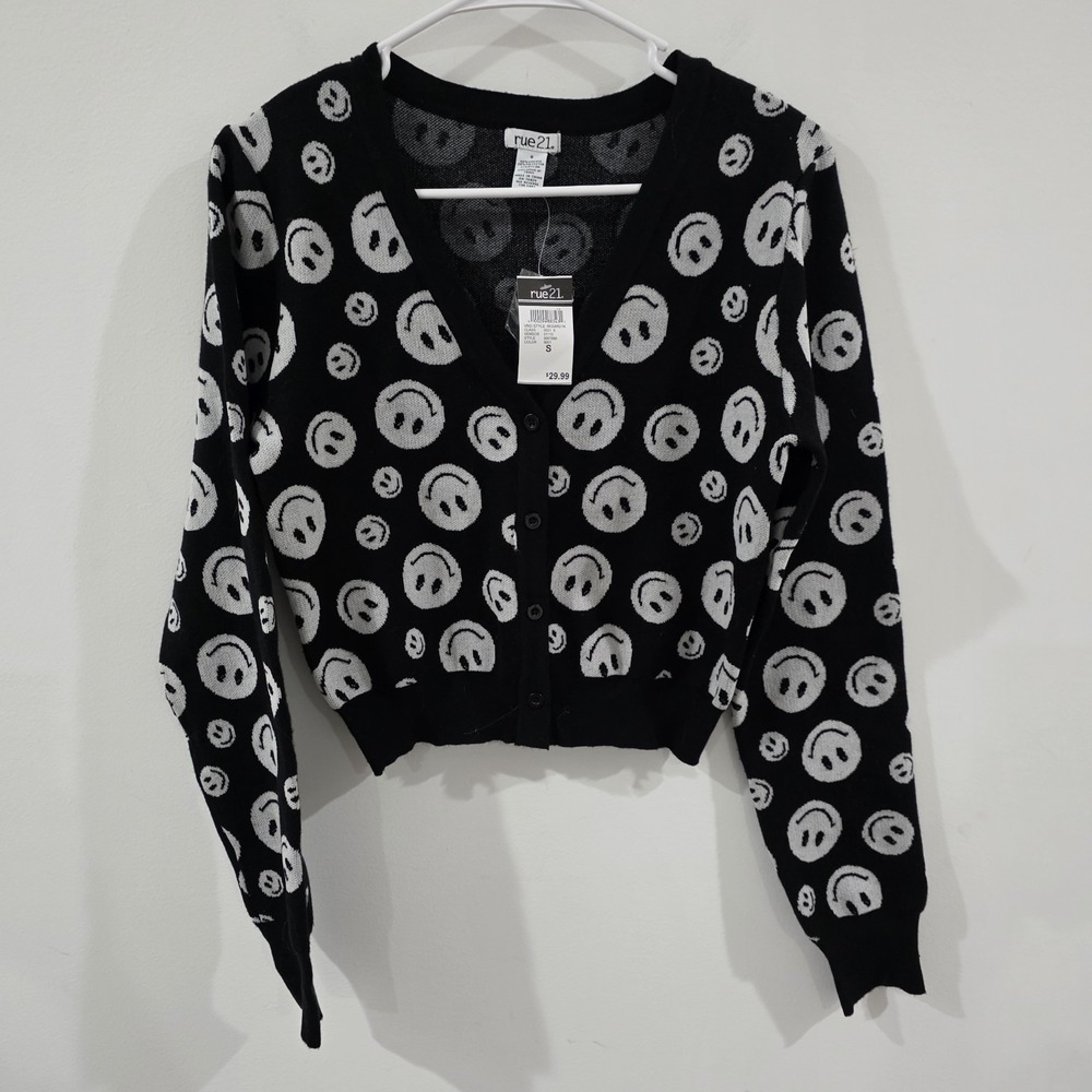 Rue 21 Womens Cardigan Size Small Punk Smiley Face Graphic Print Goth Skater